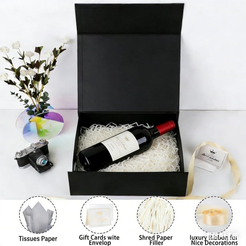 UoeRing 2 pack Black Gift Box Large 13.5x11.8x4.7 inch Luxury Gift Box for Presents with Magnetic Closure Lid Collapsible,Contains Card, Ribbon, Tissue Paper,Shredded Paper Filler - Image 3